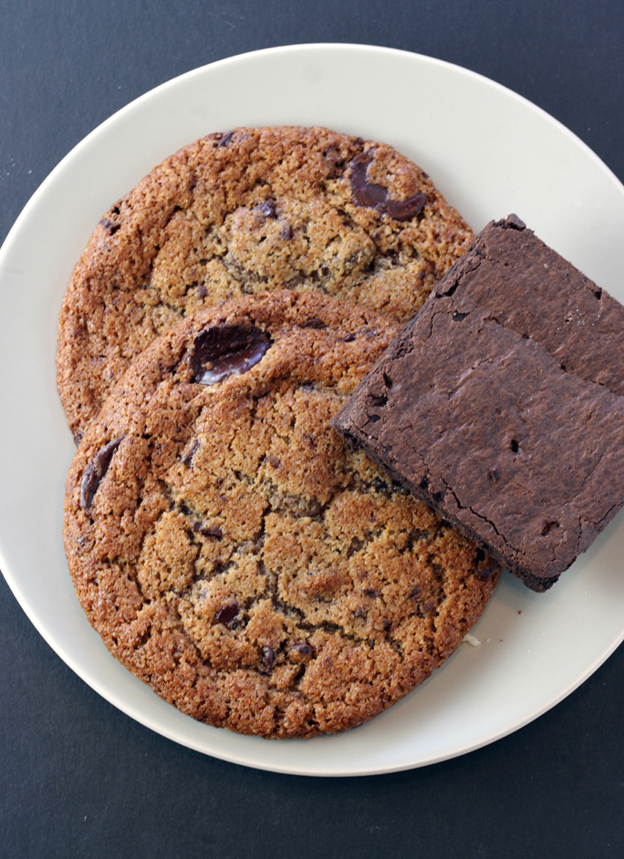 Huge chocolate chip cookies and a fudgy brownie.