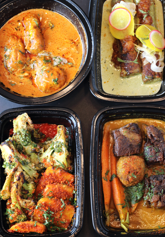 (Clockwise from top left): Butter chicken, duck seekh kebab, short ribs, and broccoli with butternut squash.