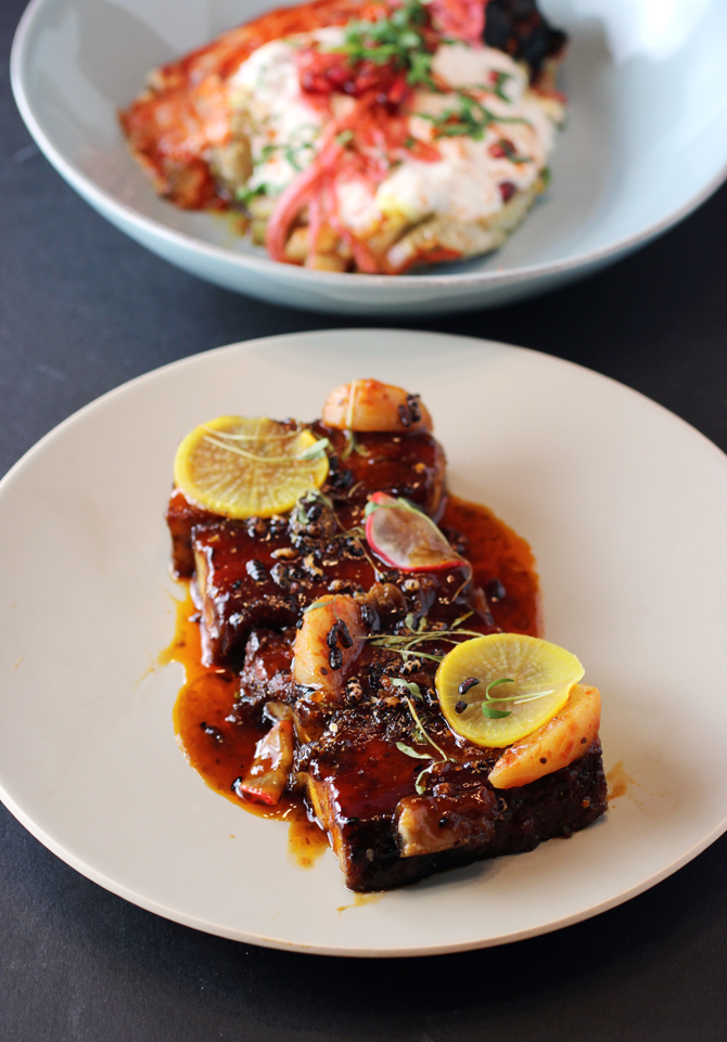 Pork belly (front), and roasted eggplant (back).