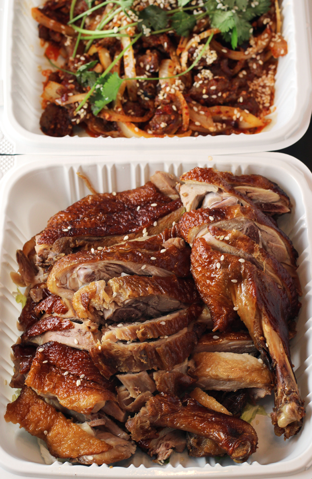 Chili lamb (top), and tea-smoked duck (bottom).
