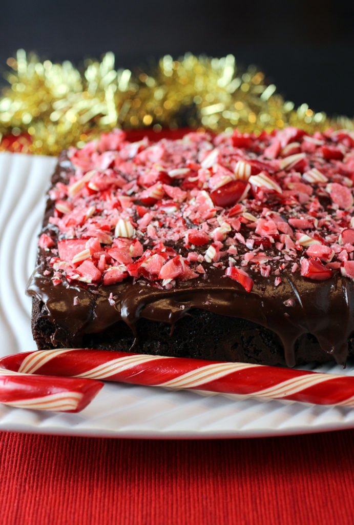 A load of crushed candy canes top this ultra minty chocolate malt cake that's a cinch to make.