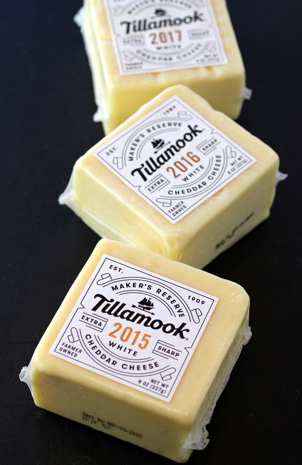 Tillamook's just-released Maker's Reserve Sharp Cheddar in 2015, 2016, and 2017 vintages.