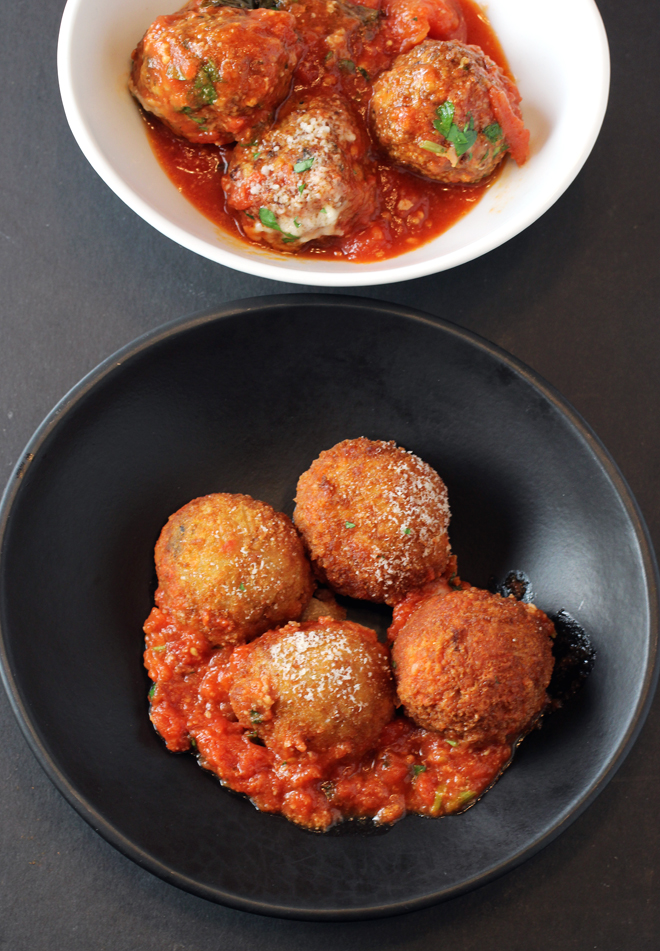 Meatballs (top) and arancini (bottom).