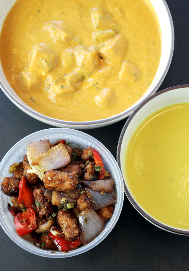 (Clockwise from top): paneer korma, pumpkin and coconut soup, and baby corn and pepper stir-fry.