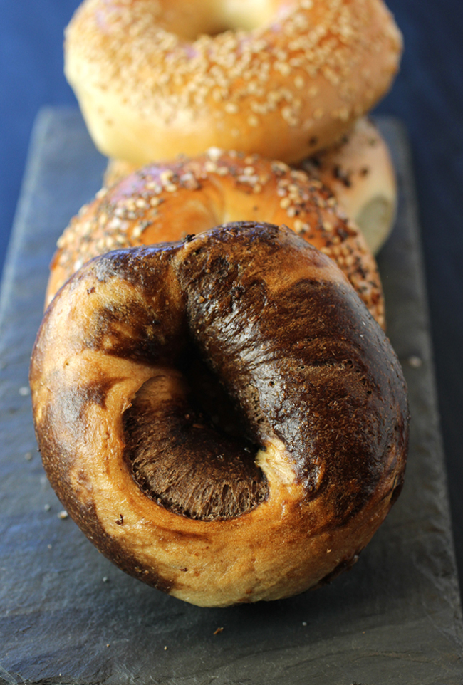 Assorted bagels, including the pumpernickel raisin swirl -- from Boichik.