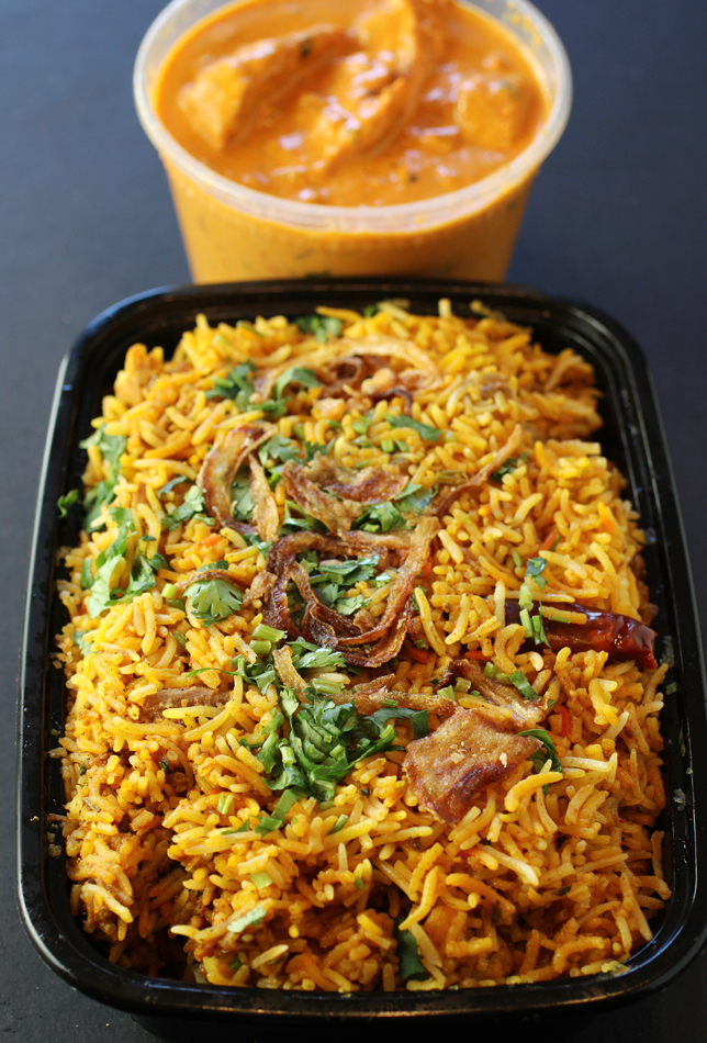 Butter chicken (top), and Chettinad chicken biriyani (bottom).