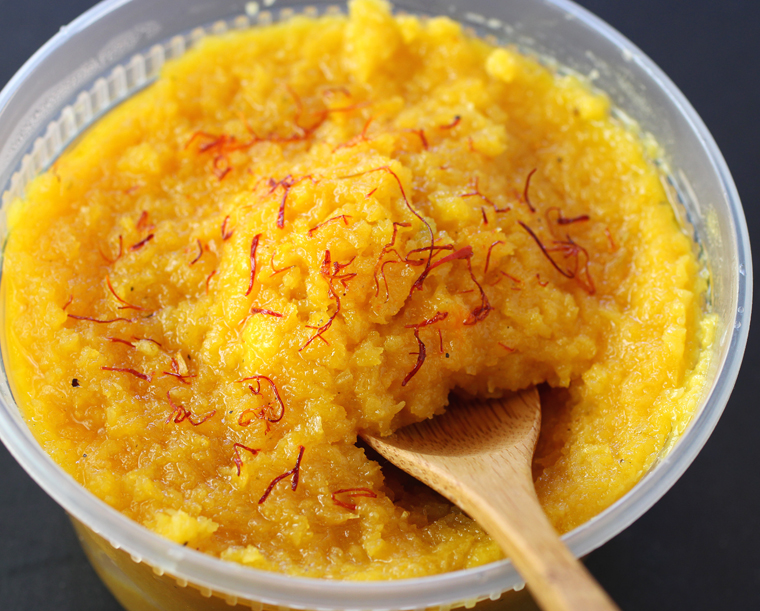 Halwa, made with grated golden beets and saffron.