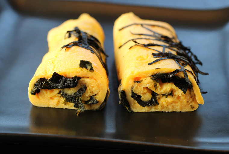A Japanese rolled egg omelet with nori for the vegetarian option.