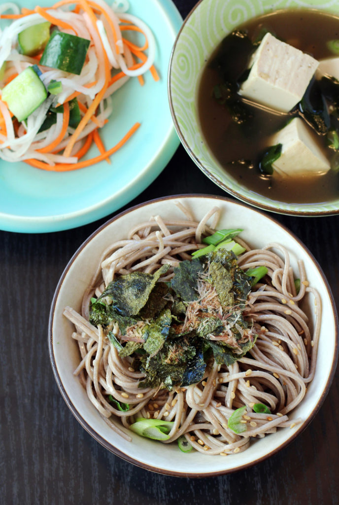Soba noodle salad, pickled veggies, and seaweed-tofu miso soup -- the start of a Manresa Family Meal.