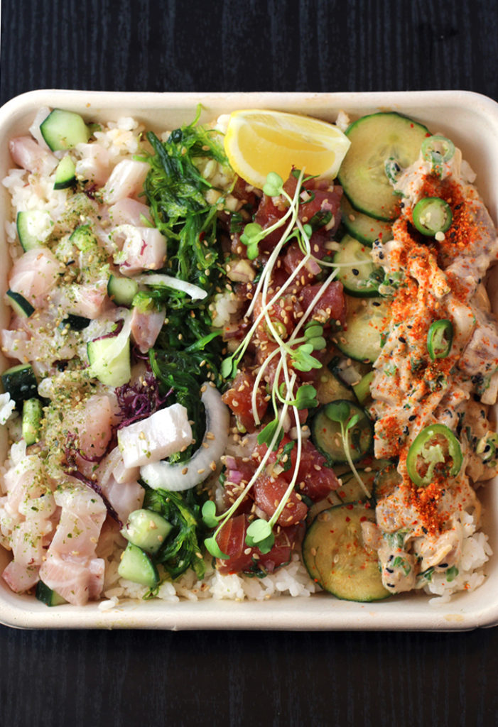 Three types of poke on a big bed of rice, chirashi-style, from Pacific Catch.