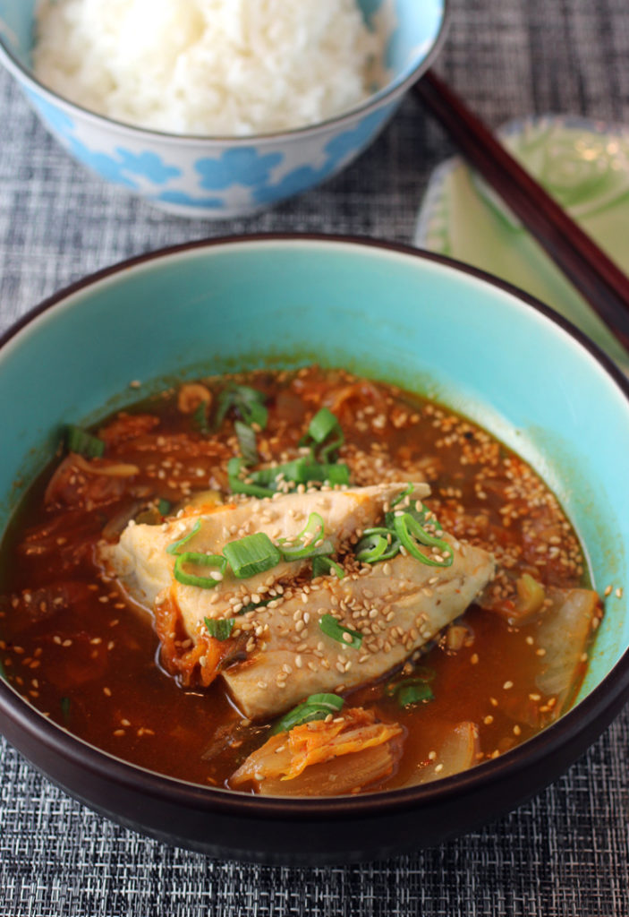 Striped bass fillets cooked in a punchy kimchi-laced broth.