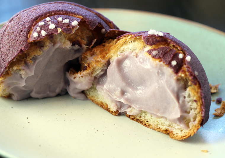 The purple yam pastry cream within the ube bun.