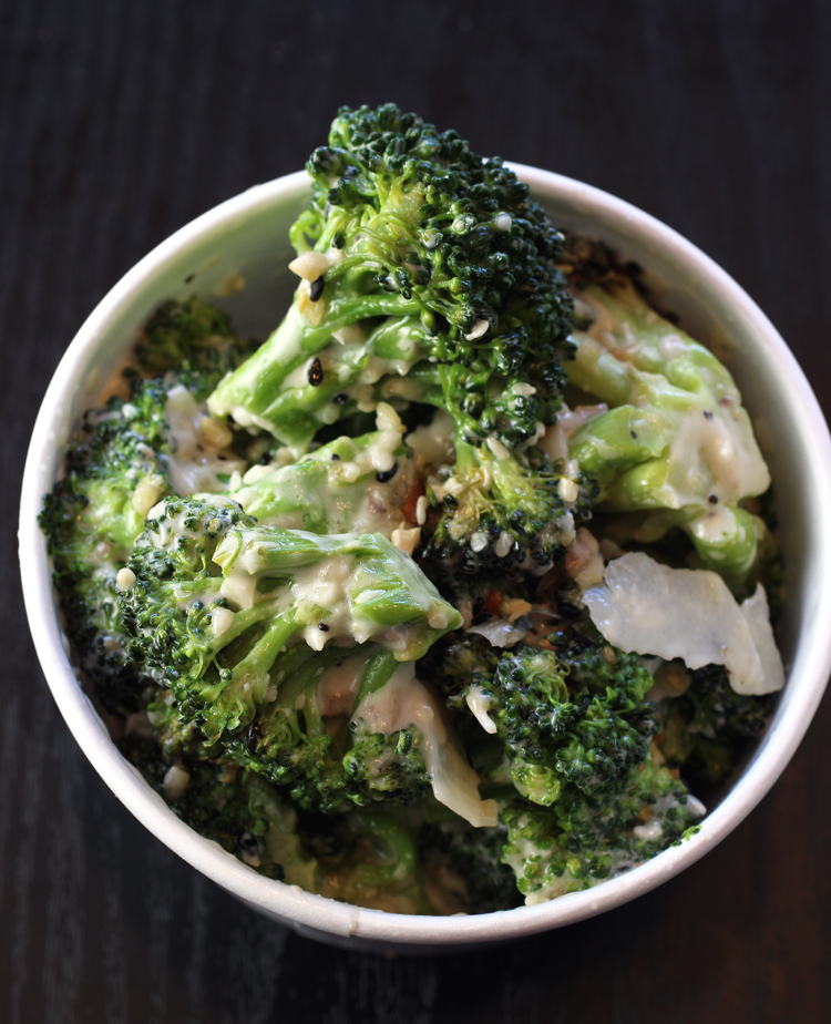 Chilled broccoli salad with a nutty, creamy, sharp tasting Caesar dressing.