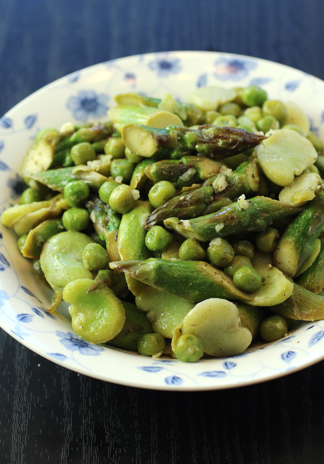 A saute of fava beans, asparagus and peas that comes with the paella.
