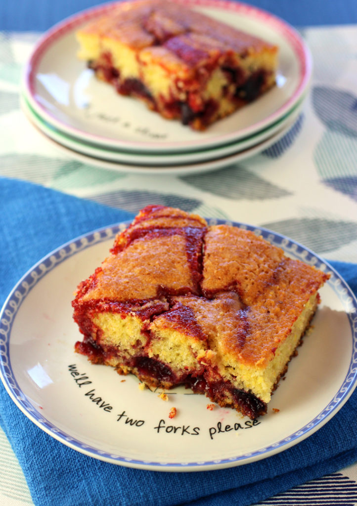 An easy one-pan cake made with fresh cherries and swirls of cherry curd.