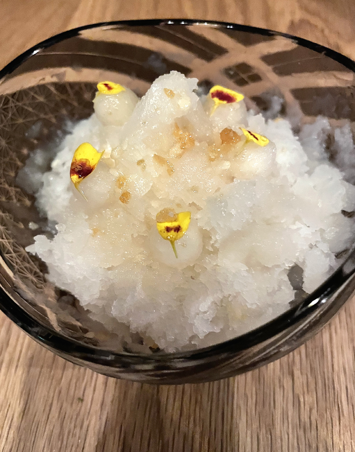 Shave ice with pear sorbet.