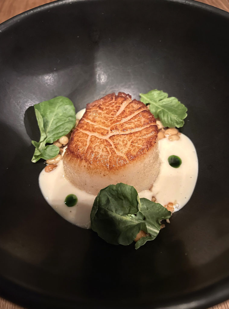 Scallop with pine nut miso and pine nut brittle at Nisei.