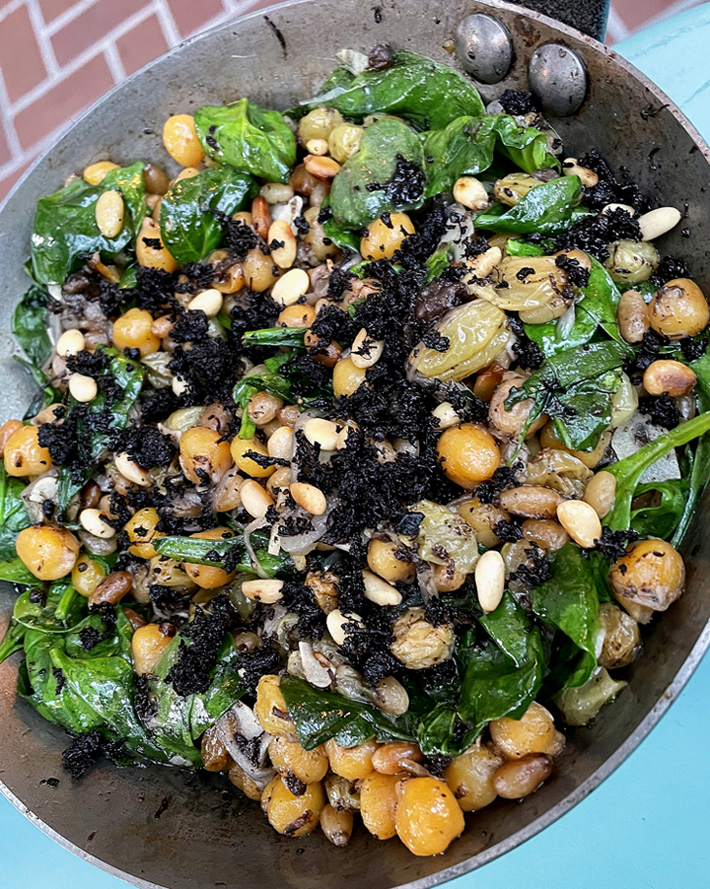 My fave dish of chickpeas, spinach, blood sausage and pine nuts.