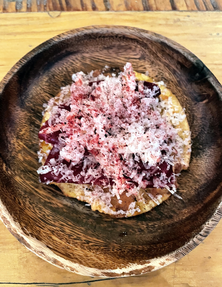 Beet and goat cheese tostada.