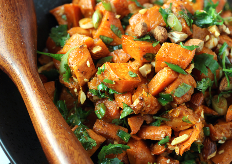 Soft, caramelized cubes of sweet potatoes with smoky paprika, cumin, and toasted almonds.