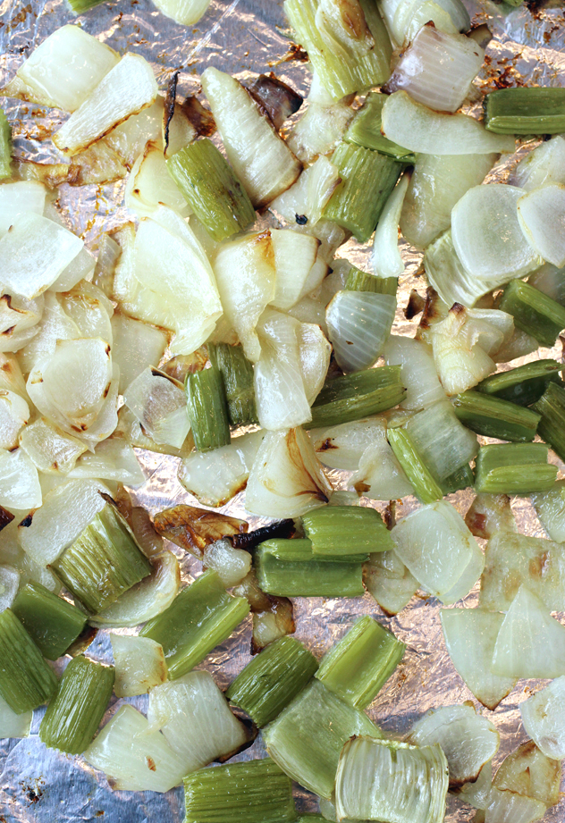 Onions and celery get roasted in a another pan.