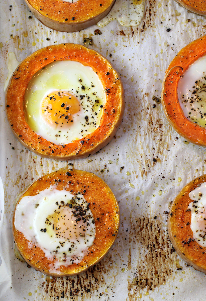 Baked eggs inside squash rings, right out of the oven.