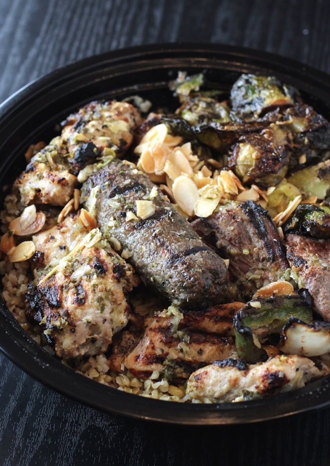 The combo kebab plate with freekeh.
