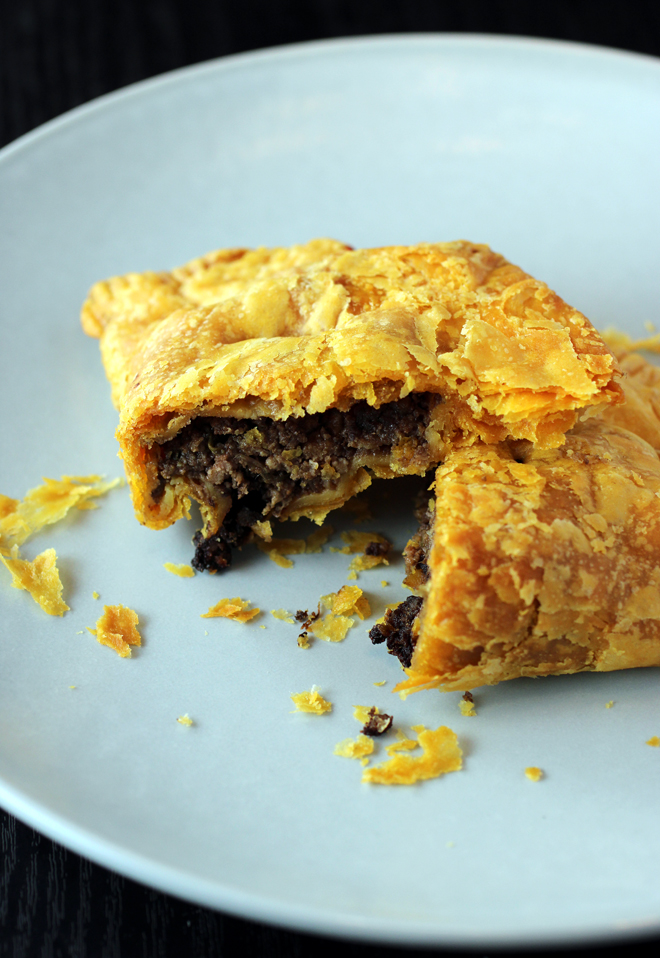 Jamaican beef patty with a shatteringly flaky crust.