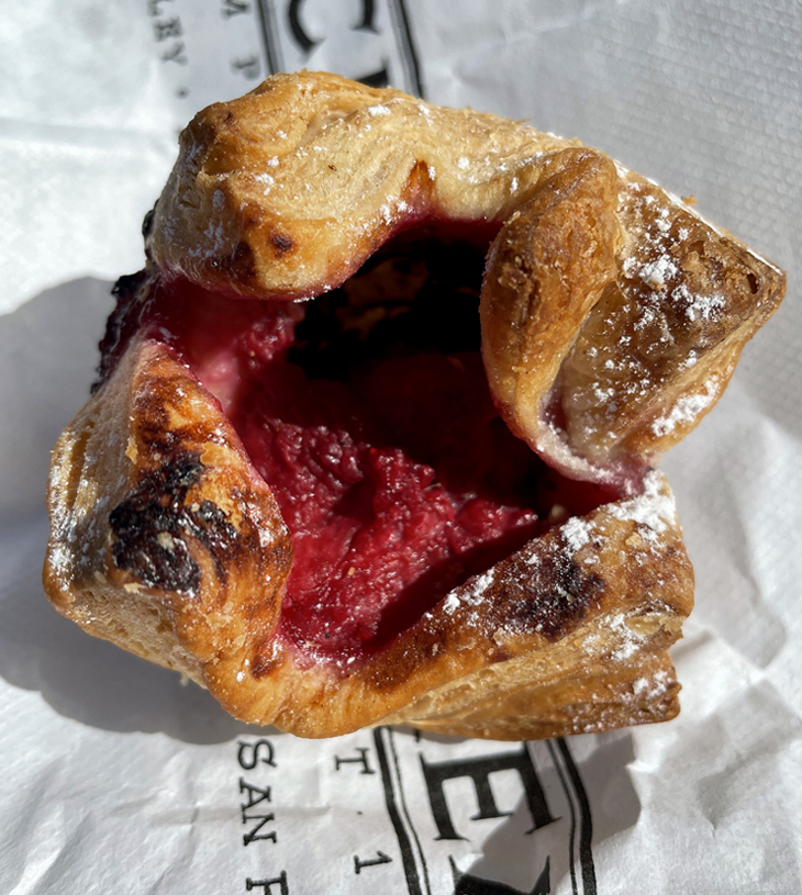 Buttery pastry with a center of chocolate and jammy raspberries.