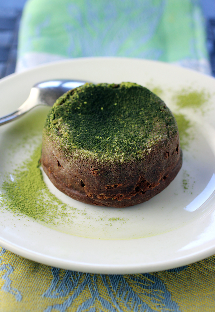 Chocolate lava cakes with the surprise of molten white chocolate-matcha ganache inside.