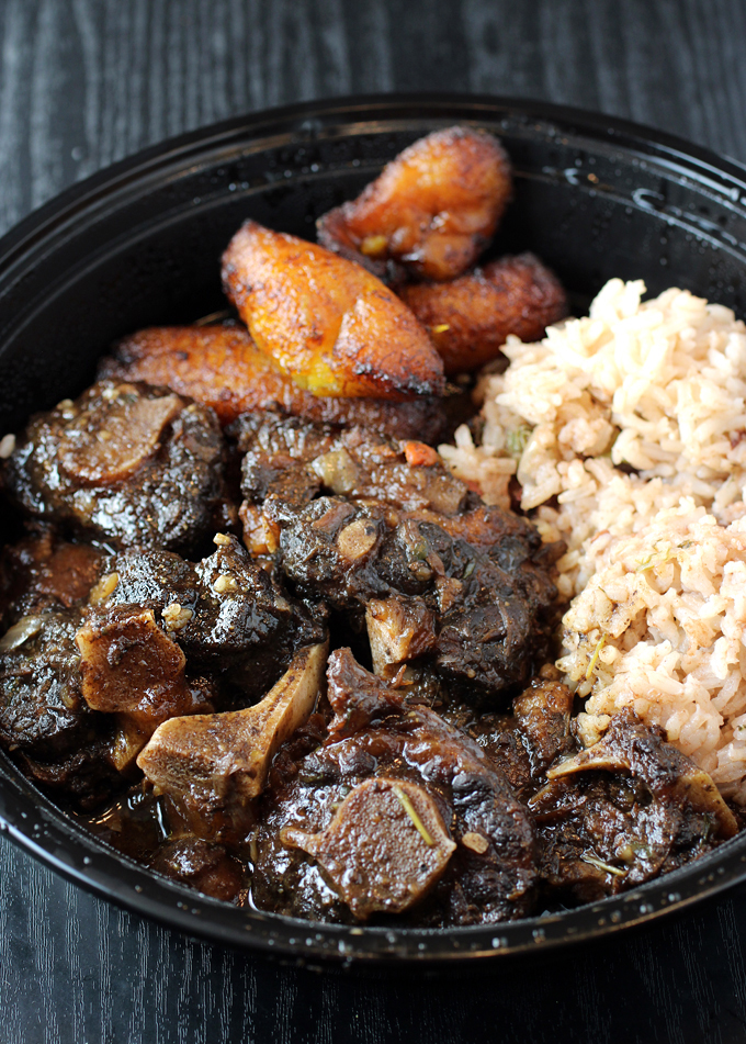 Crave-able oxtails with plantains, plus rice and beans.