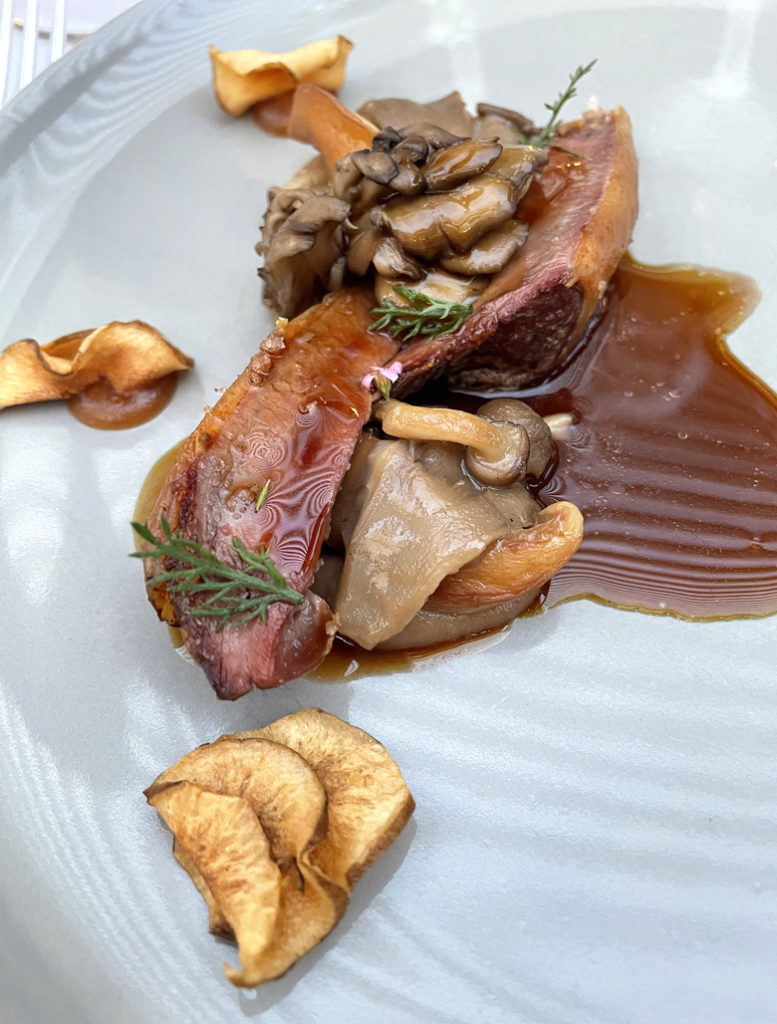 Dry-aged squab with confit mushrooms at Chez TJ.