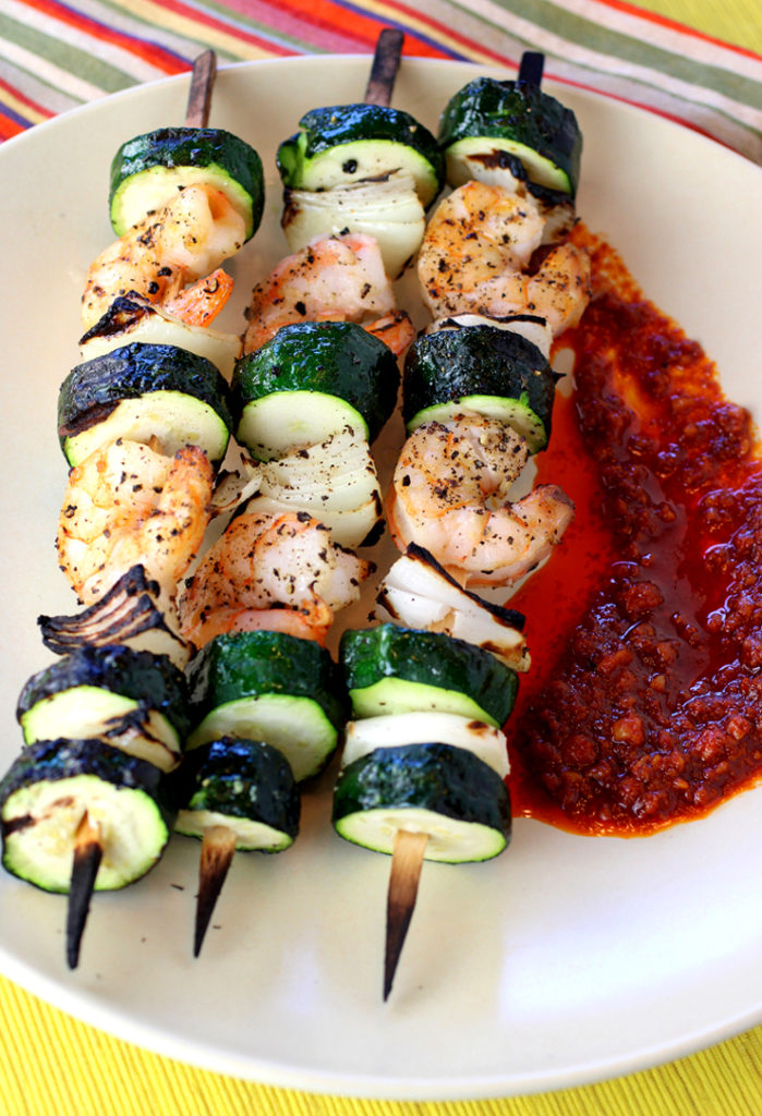 Ronda's Romesco will add punch to most anything, such as these shrimp-zucchini-onion kebabs I grilled at home.