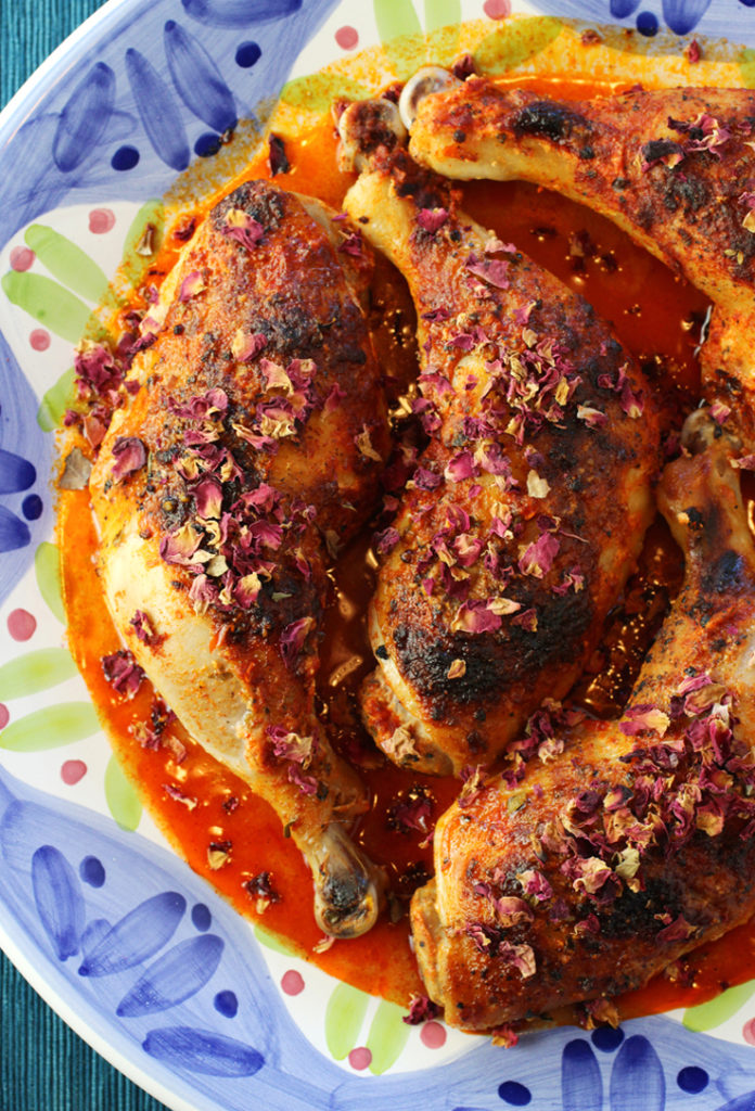 Dried rose petals make this roast chicken extra pretty and even more delicious.