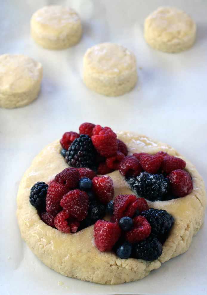 Both the individual biscuits and the biscuit berry nest bake on the same sheet in the oven.