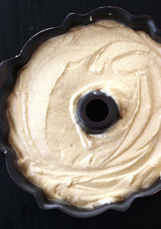 The thick batter nearly fills a classic Bundt pan to the top.