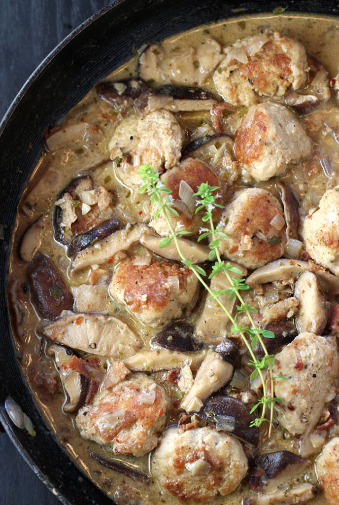 Moist chicken meatballs and meaty shiitakes, all in a creamy-dreamy sauce.