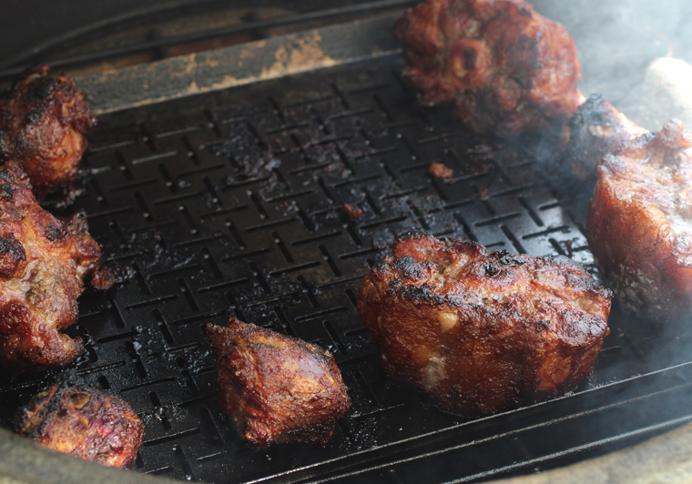 Oxtails smoking in the Big Green Egg.