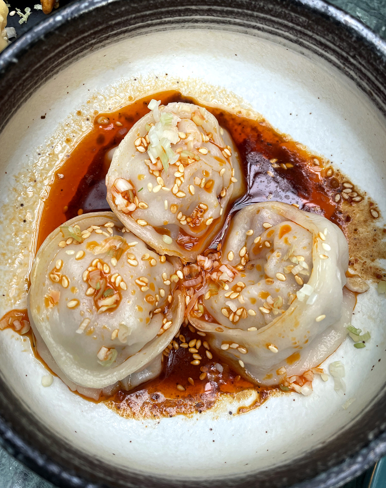 Pork and shrimp dumplings in chili oil at JiuBa.