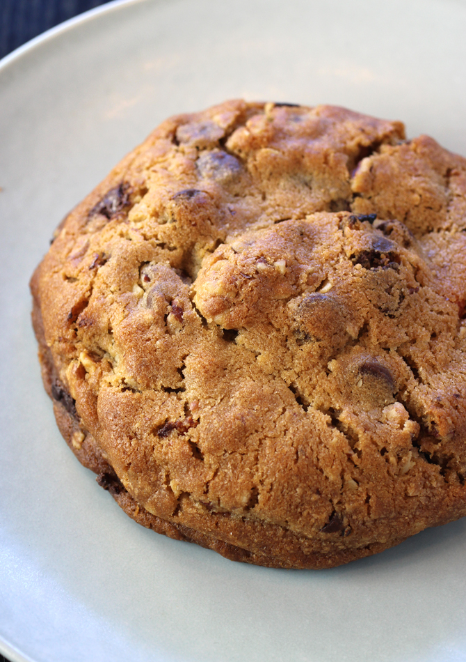 A weighty chocolate chip cookie.