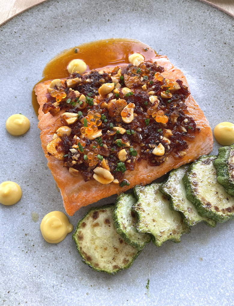 Mt. Lassen trout dressed up with chili crisp, salmon roe and peanuts at the new Ethel's Fancy in Palo Alto.