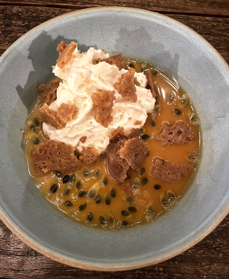 Butterscotch budino accented with miso and passion fruit.