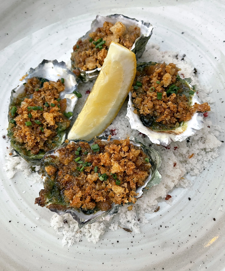 Breadcrumb-topped baked oysters.