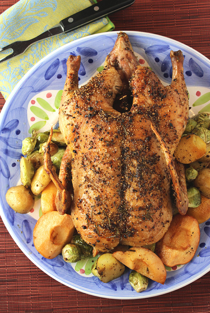 A celebratory roast duck with quince, potatoes and Brussels sprouts to get the holiday season started.