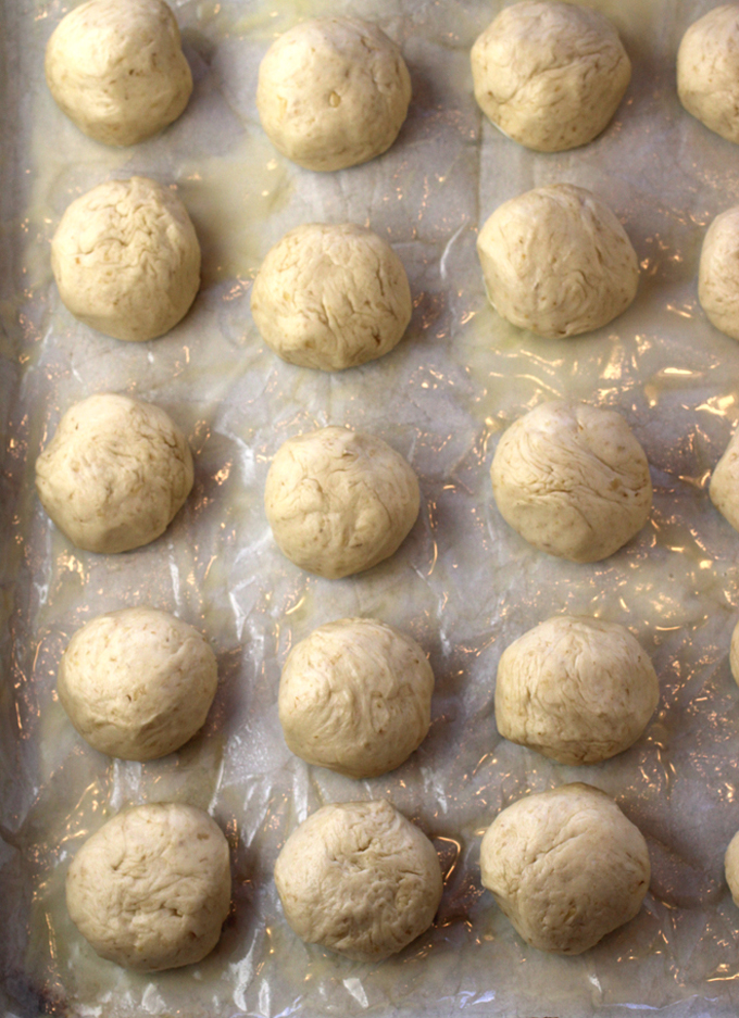 Portioning the dough into individual rolls.