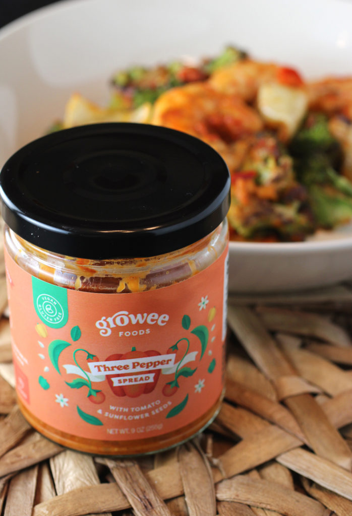 Growee Foods' Three Pepper Spread, which I used to saute shrimp with peppers, onions, and broccoli.