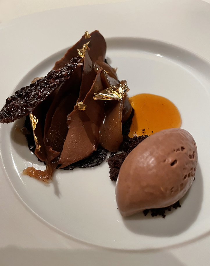 Gold-flecked chocolate sable, chestnut mousse, and chocolate gelato.