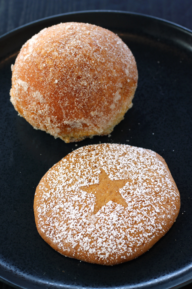 The breakfast cookie (front), and custard-filled brioche (back).
