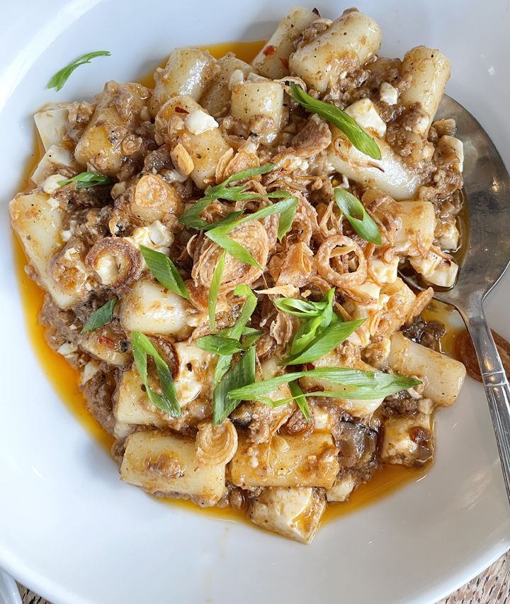 Mapo tofu with chewy rice cakes.