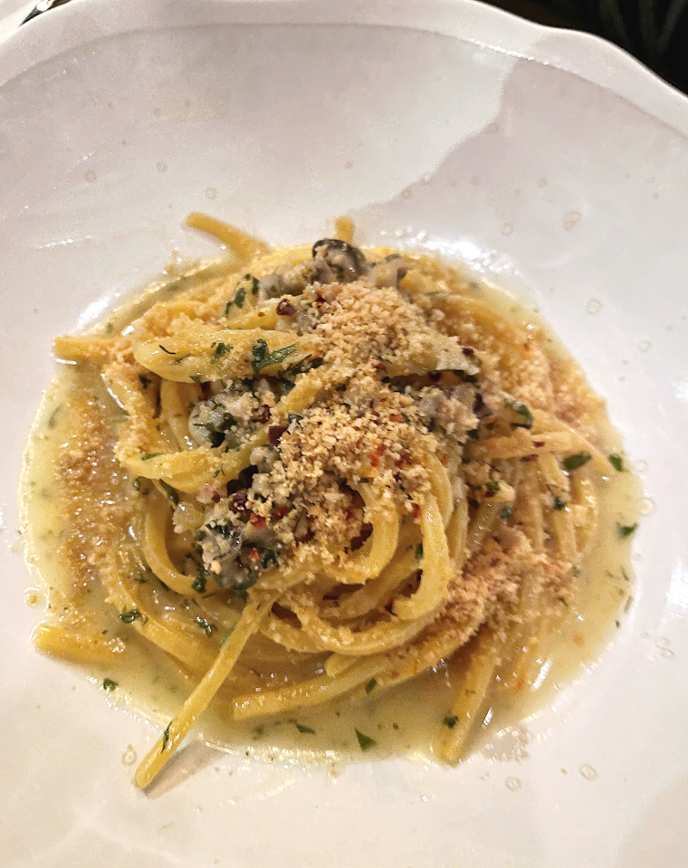 Oysters and Meyer lemon bread crumbs on chitarra pasta.